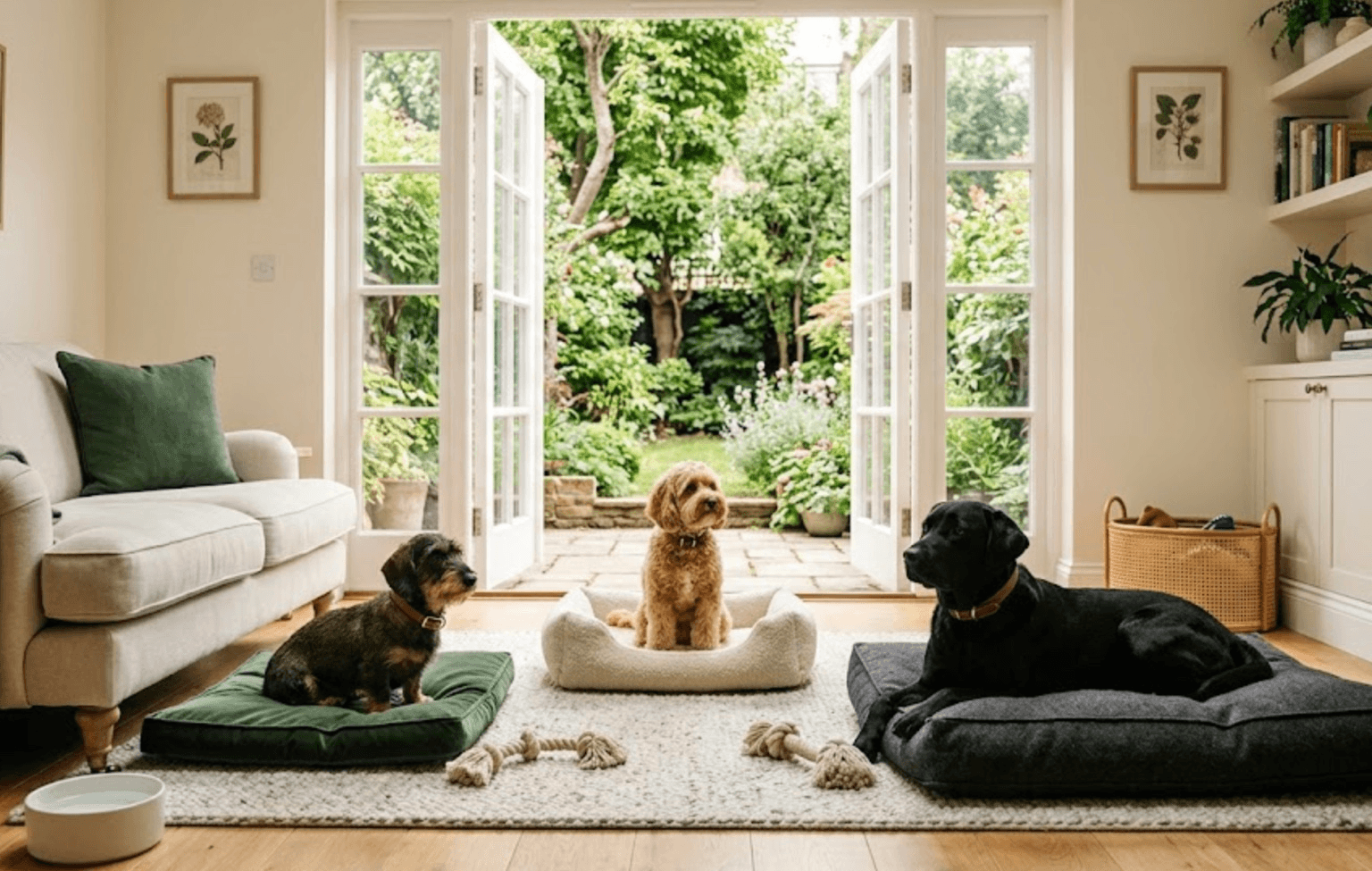 Dogs relaxing in a calm home-style daycare room