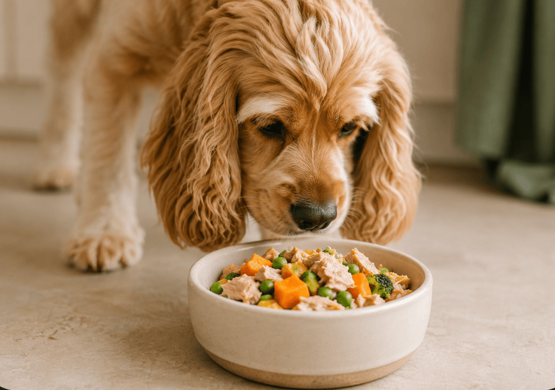 Spaniel leaning over a small bowl of fresh dog food made with chicken, vegetables and herbs.