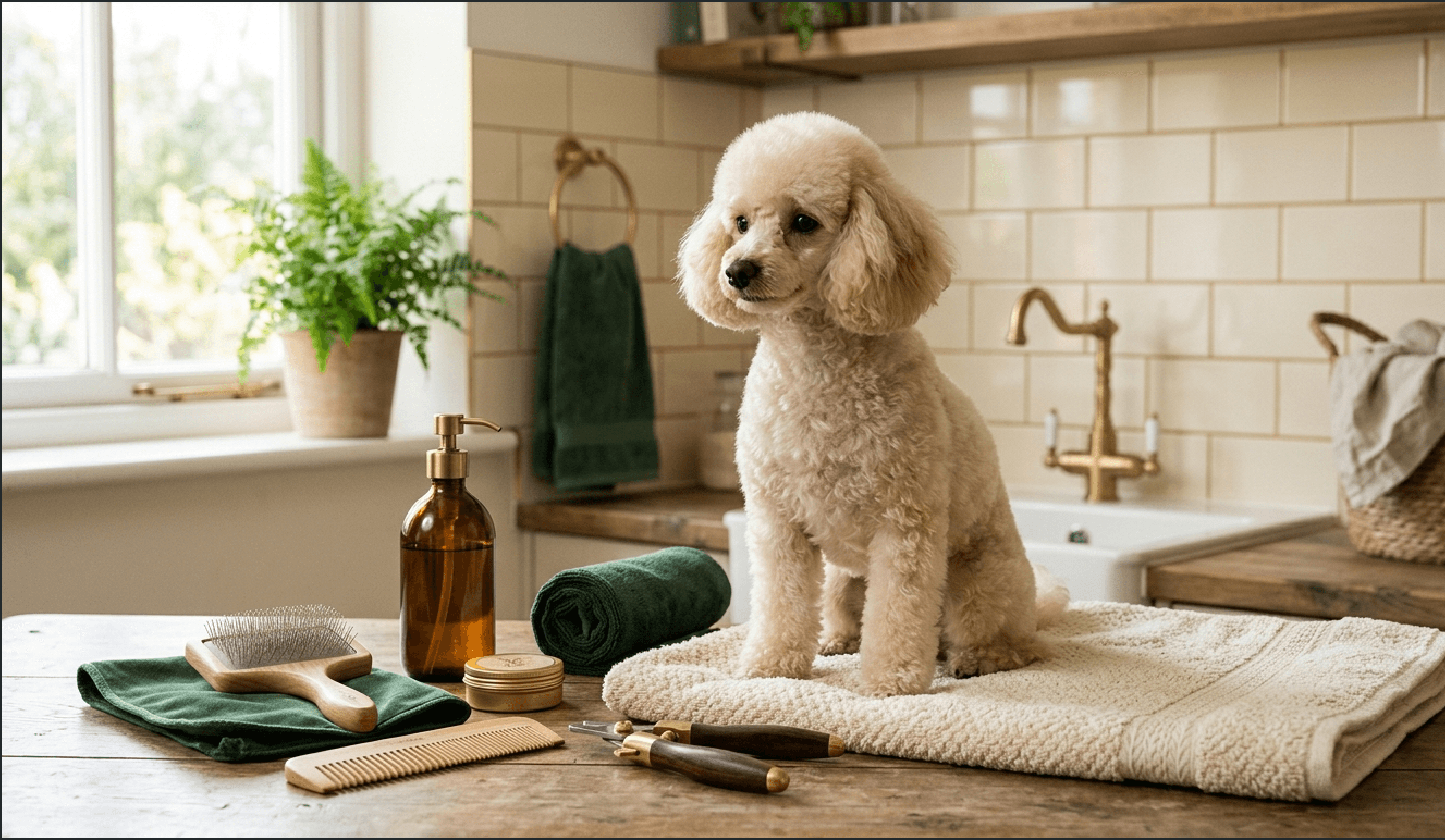 Dog grooming essentials in a calm grooming setting