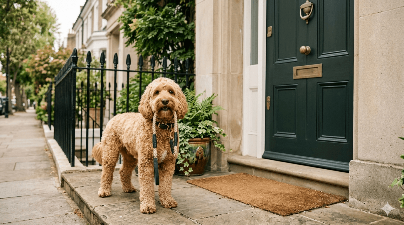 A cockapoo with Bramble & Bone walking supplies.