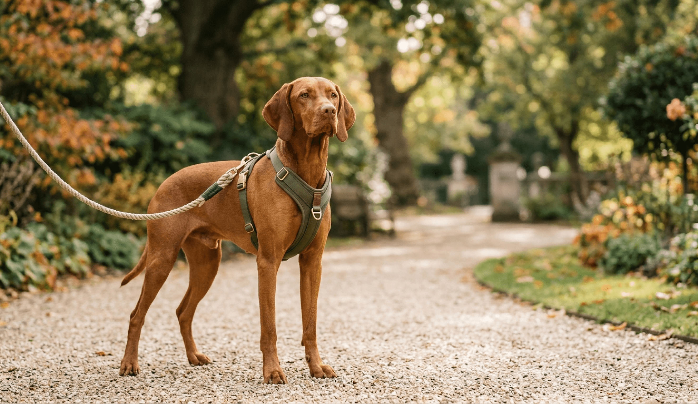A dog on a lead out on a walk